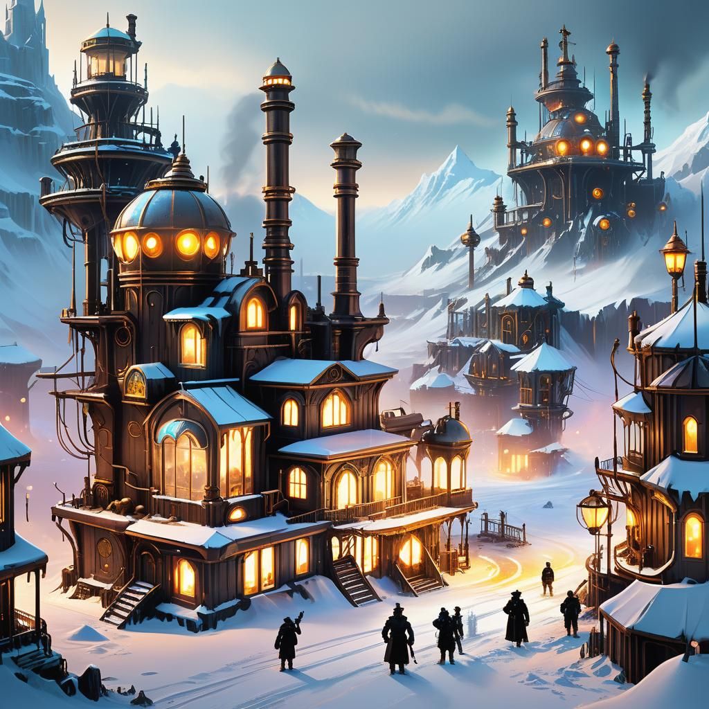 Steampunk Refuge Radiates Vibrant Neon Amidst Frosty Tundra...