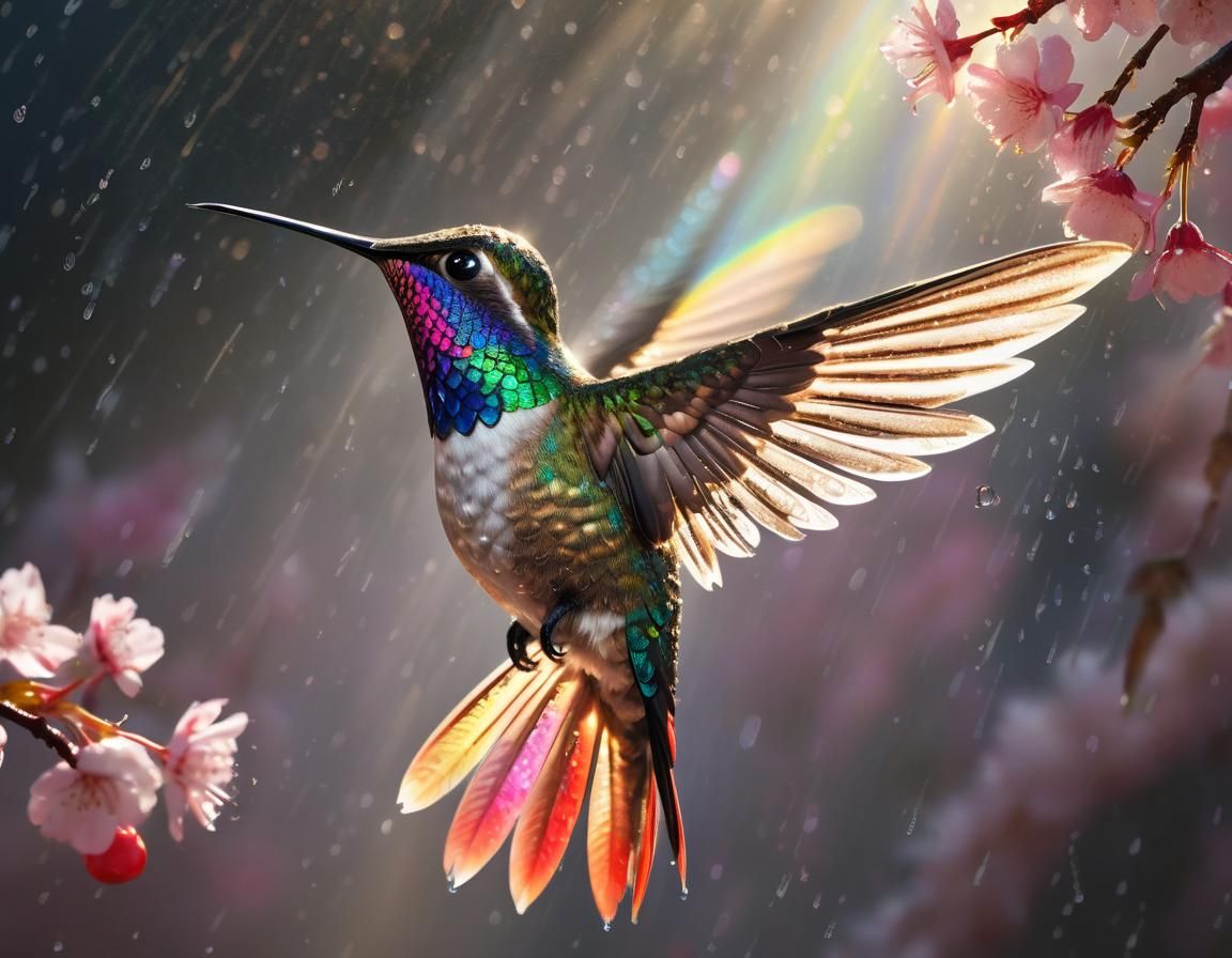 Hummingbird in Sunlight with Rainbow Dew Drops