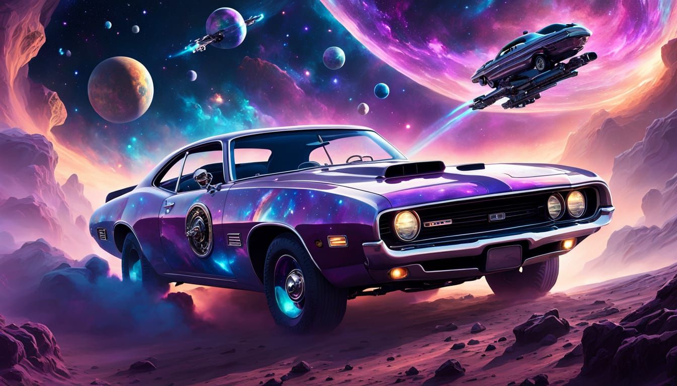 Astronaut Holds Muscle Car Key in Ethereal Nebula