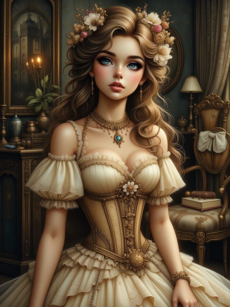 Elegant Woman in Steampunk Style with Floral Embellishments