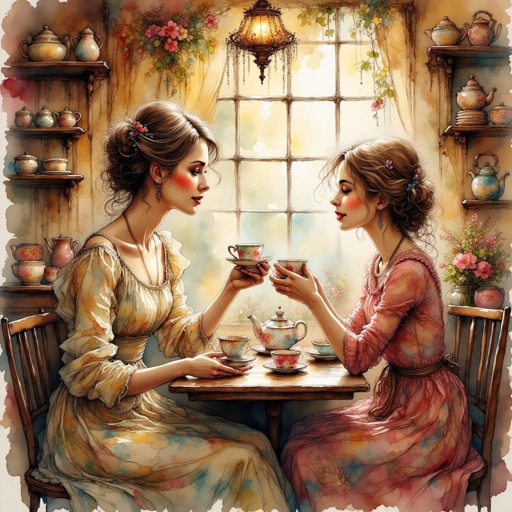 Elegant Tea Shoppe Scene in Art Nouveau Style