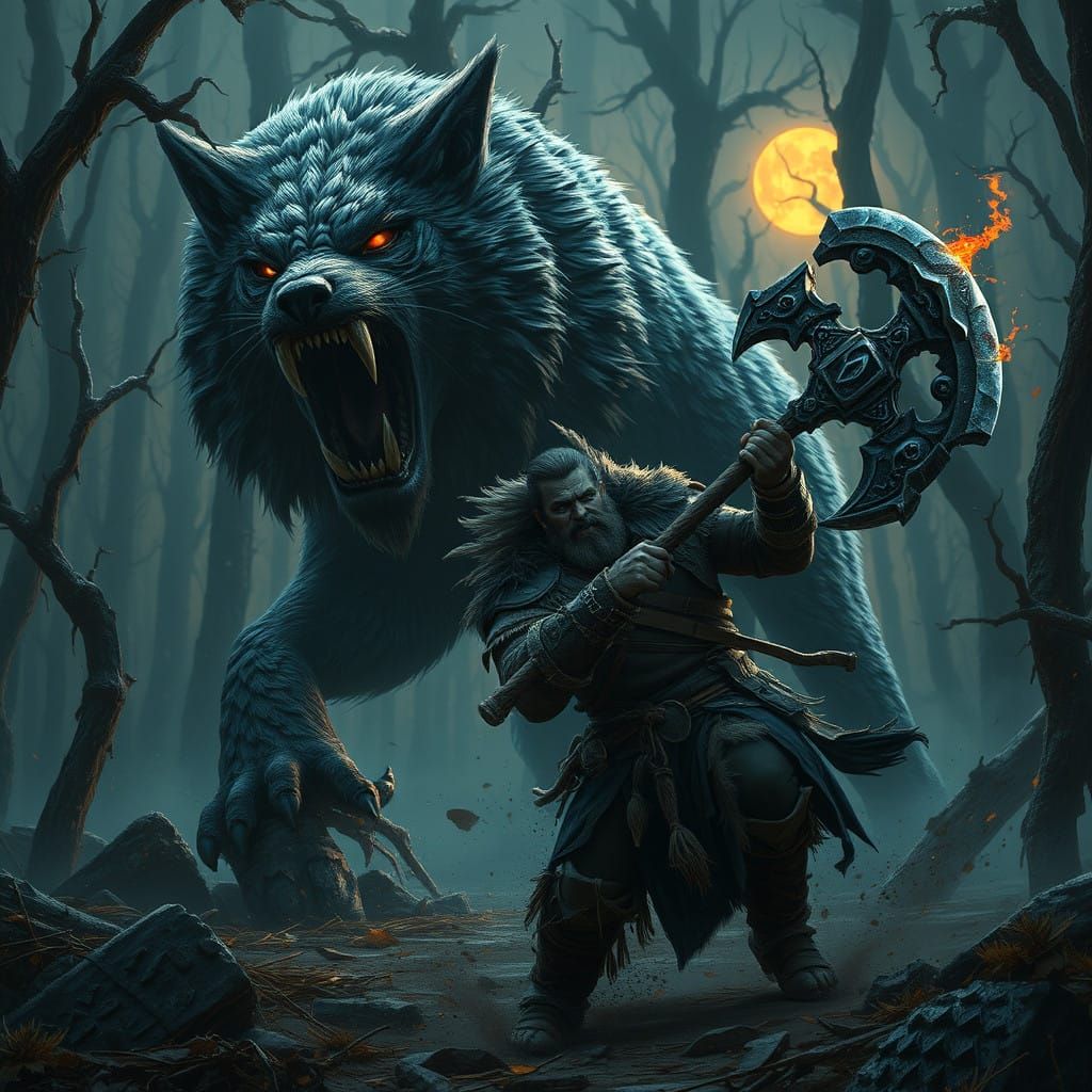 Berserker Warrior Engages Gargantuan Wolf in Dark Fantasy Ba...