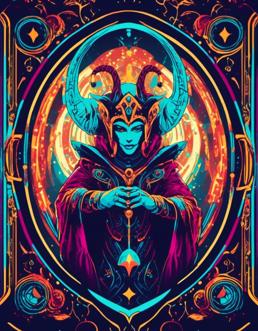 Front of a Tarot card, The Jester TRON themed. 8K resolution <lora:Trio:1.0>