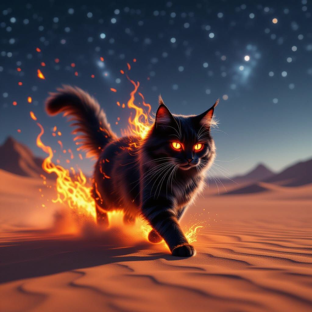 Molten Lava Cat Dashes Across Desert Under Starry Sky
