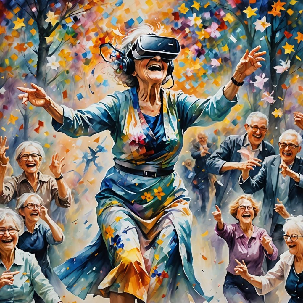 Happy Grandma Dancing in VR: Impasto Style
