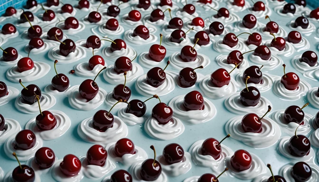 Whipped Cream Pool with Cherries: Hyperrealistic Image