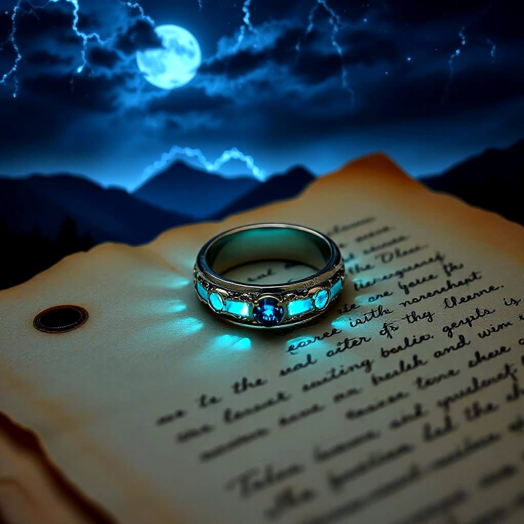 Elven Ring with Cyan Glow on Parchment