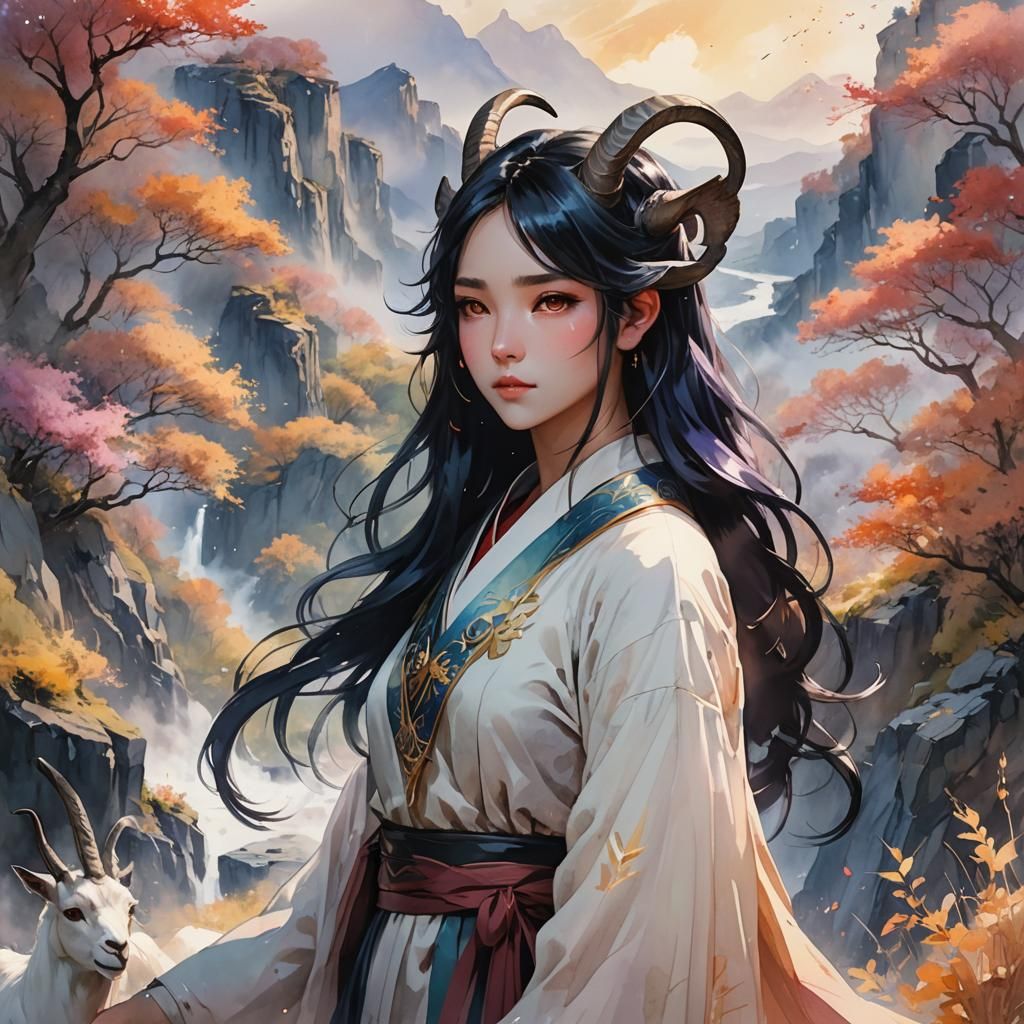 Goat-Horned Woman in Dreamy Anime Landscape