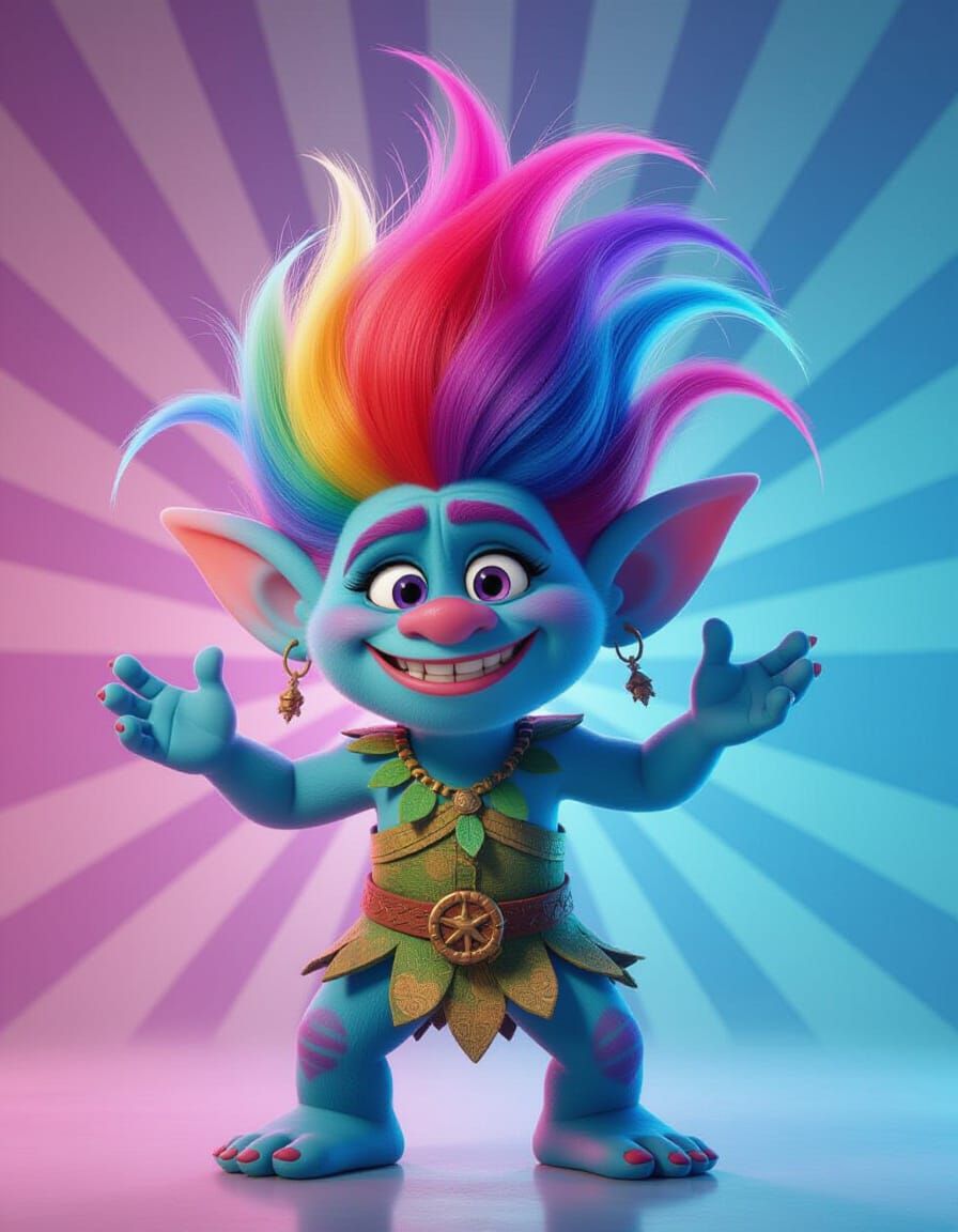 Rainbow Haired Troll in Whimsical 3D Art