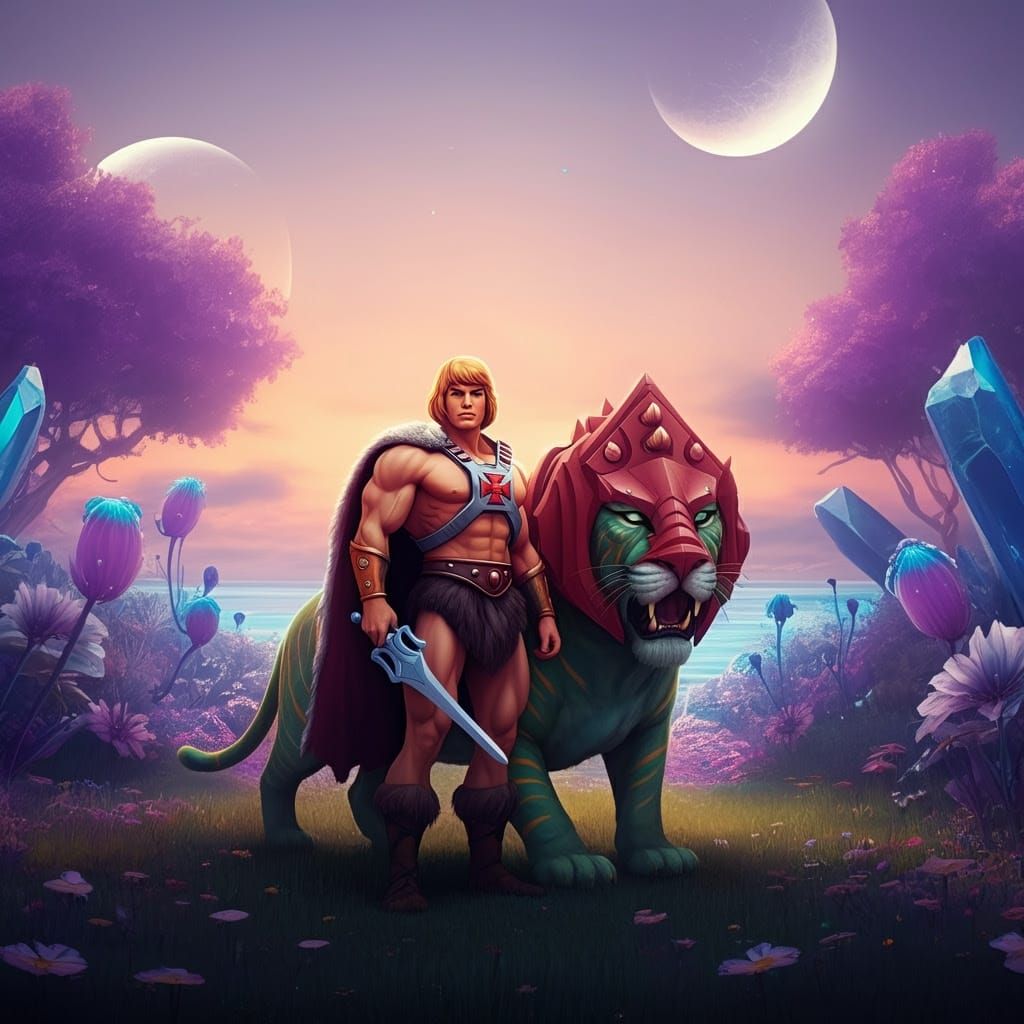 He-Man and Battle Cat in Vibrant Fantasy Landscape