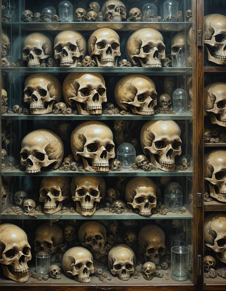 Eerie Dystopian Cabinet of Runed Skulls