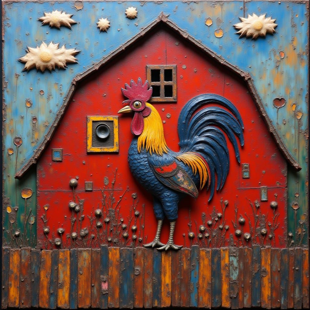 Whimsical Impasto Rooster on Red Barn