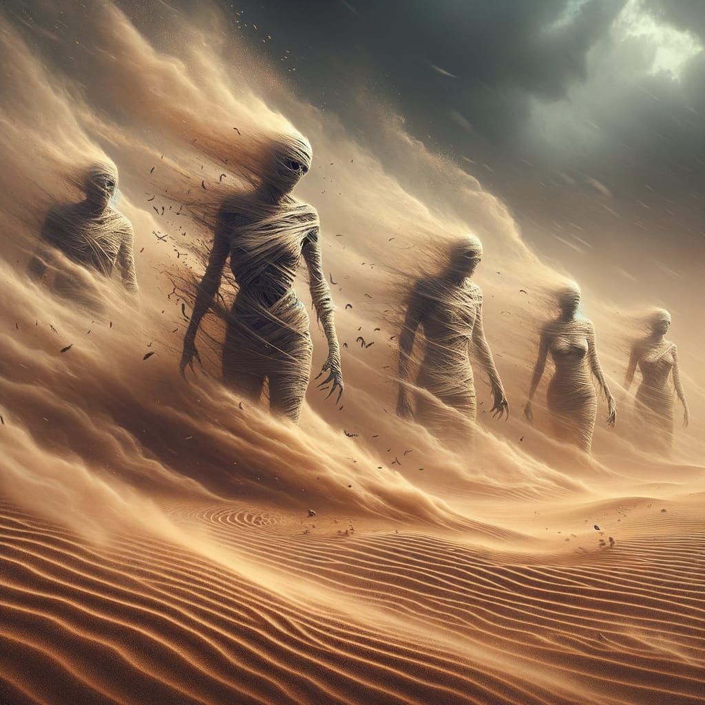Epic Desert Sandstorm with Ghostly Mummy Silhouettes