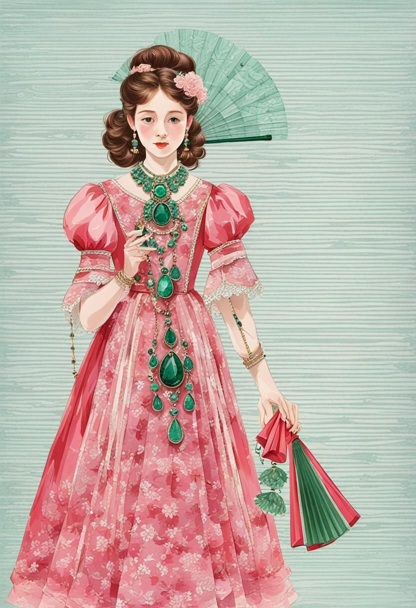 Girl in Pink Dress with Emerald Necklace and Fan
