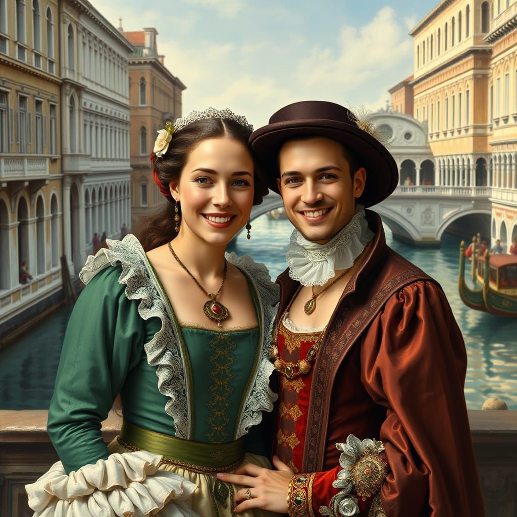 Couple in Renaissance Venice, Painted in Elegant Canaletto S...