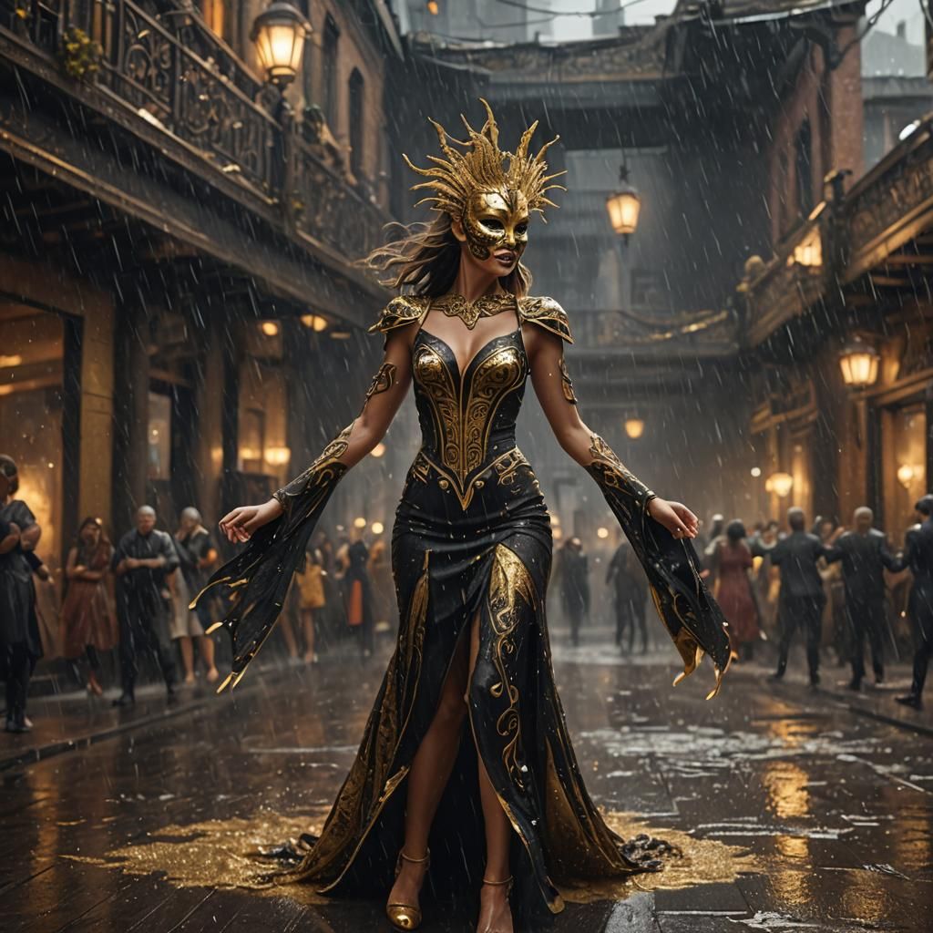 Woman in Mask Dancing in the Rain