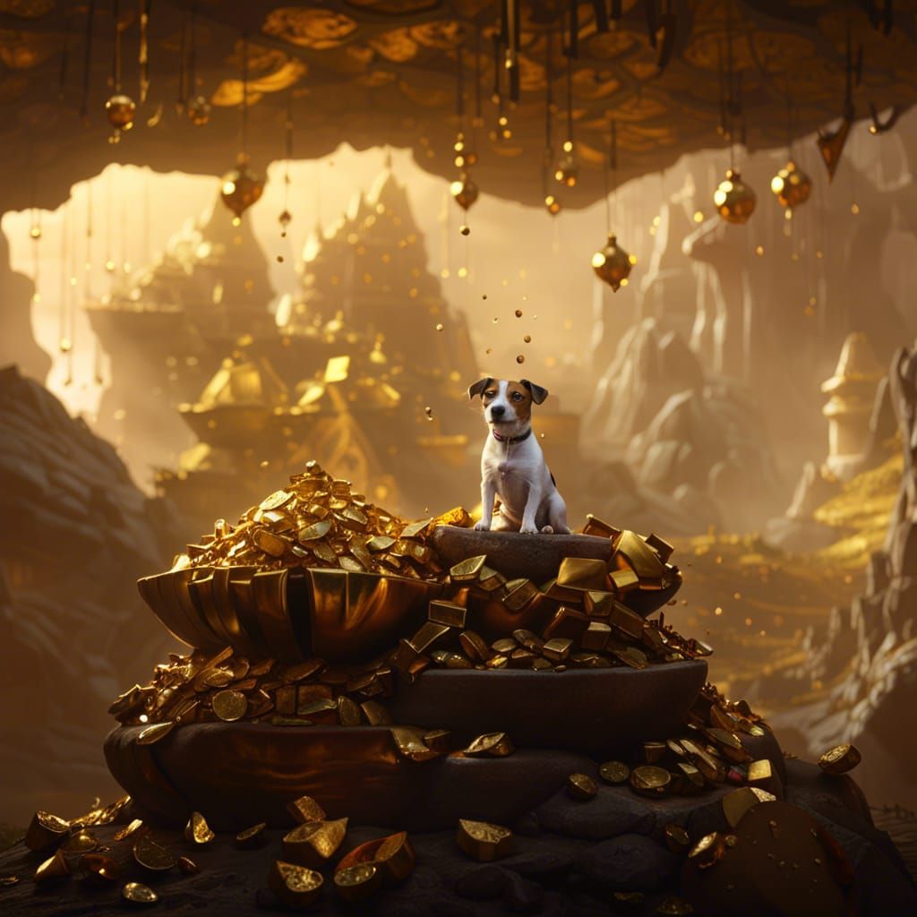 Angry Jack russell terrier sitting on pile of gold in a goblin cave