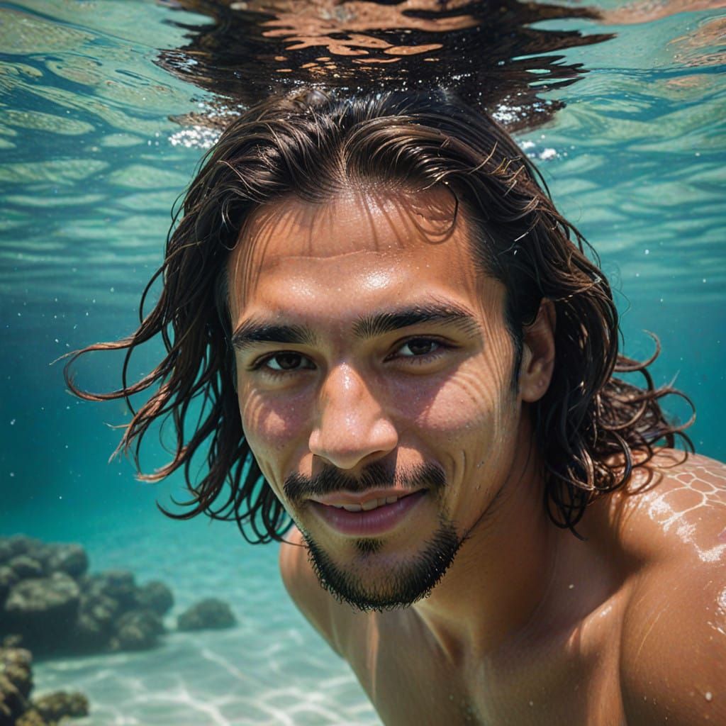 Polynesian Man Dives in Turquoise Waters