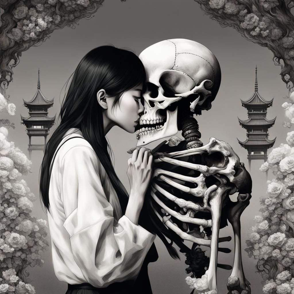 Woman Kissing Skull: Japanese-Inspired Gothic Art