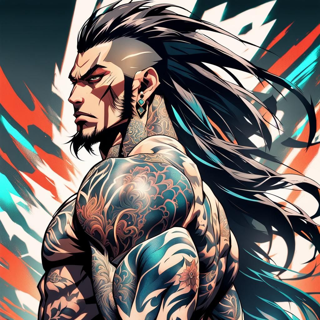 Anime Yakuza Man with Tattoos in Studio Trigger Style