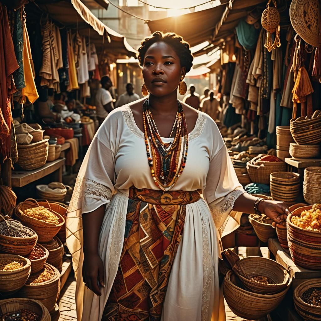 Caribbean Woman Selling African Clothing in Vibrant Market