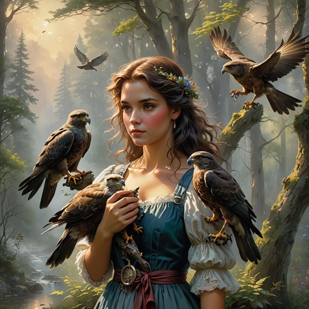 Girl with Buzzard: Ethereal Fantasy Forest Scene
