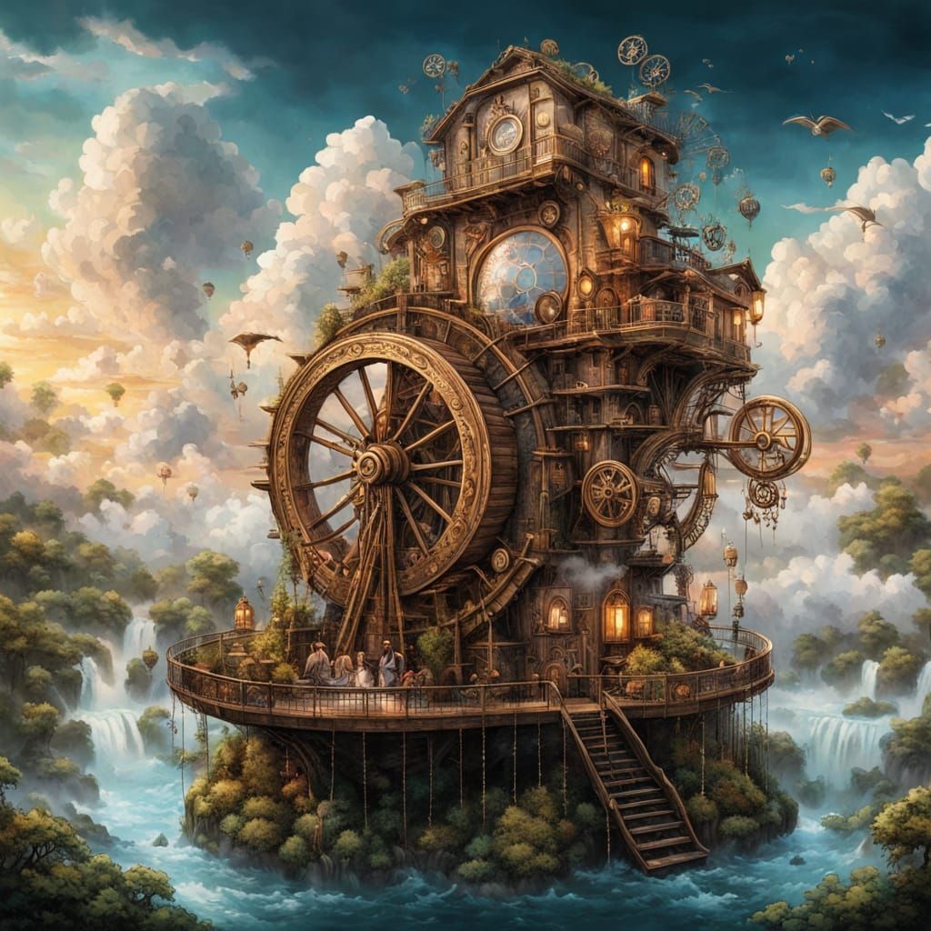 Steampunk Waterwheel Powers Serene Floating City Amidst Whir...