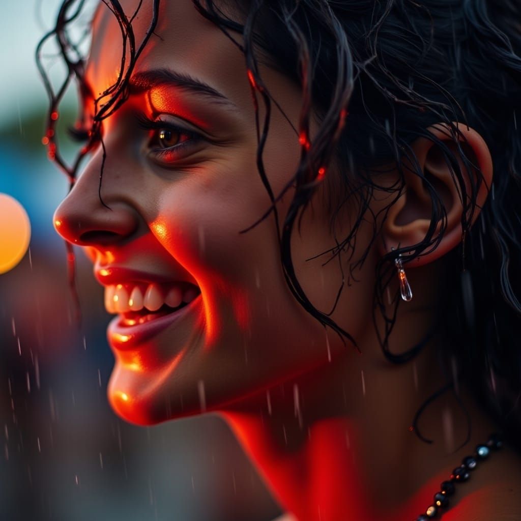Woman's Rain-Kissed Face Aglow with Festival Lights