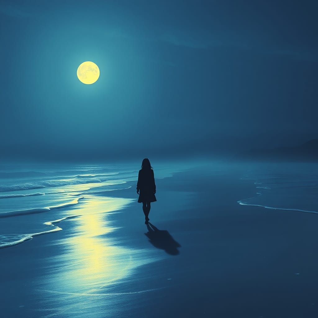 Moonlit Beach Silhouette Inspired by Impressionism