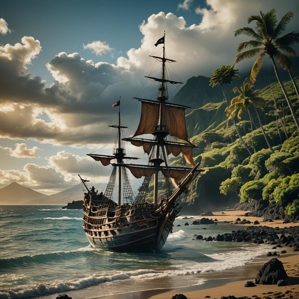 Pirate Ship Arriving at Maui Shores: Cinematic Still