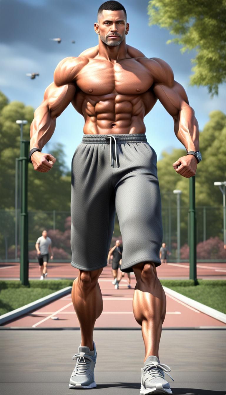 Muscular Man Jogging in Park: Photorealistic HDR