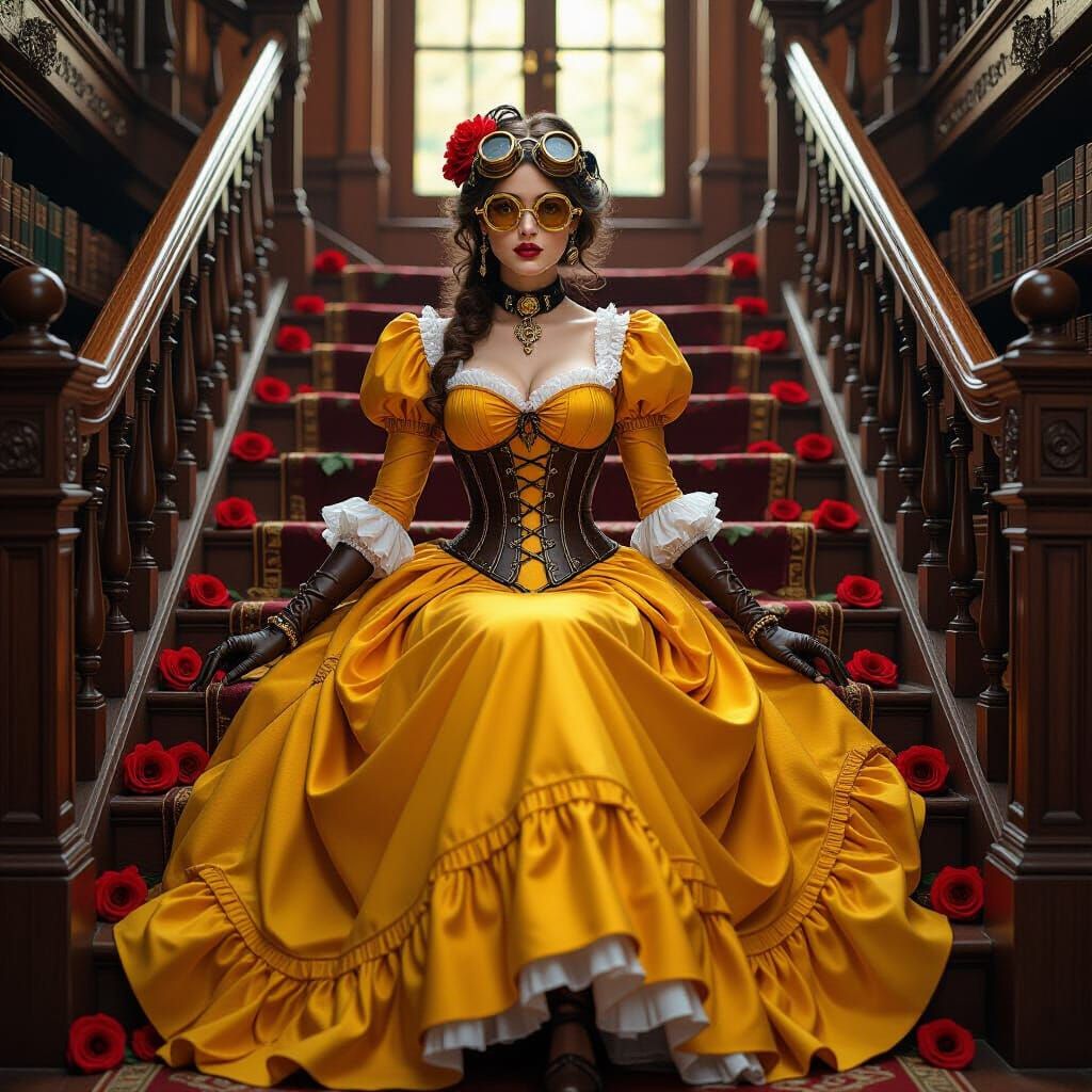 Steampunk Belle in Victorian Library, Digital Art