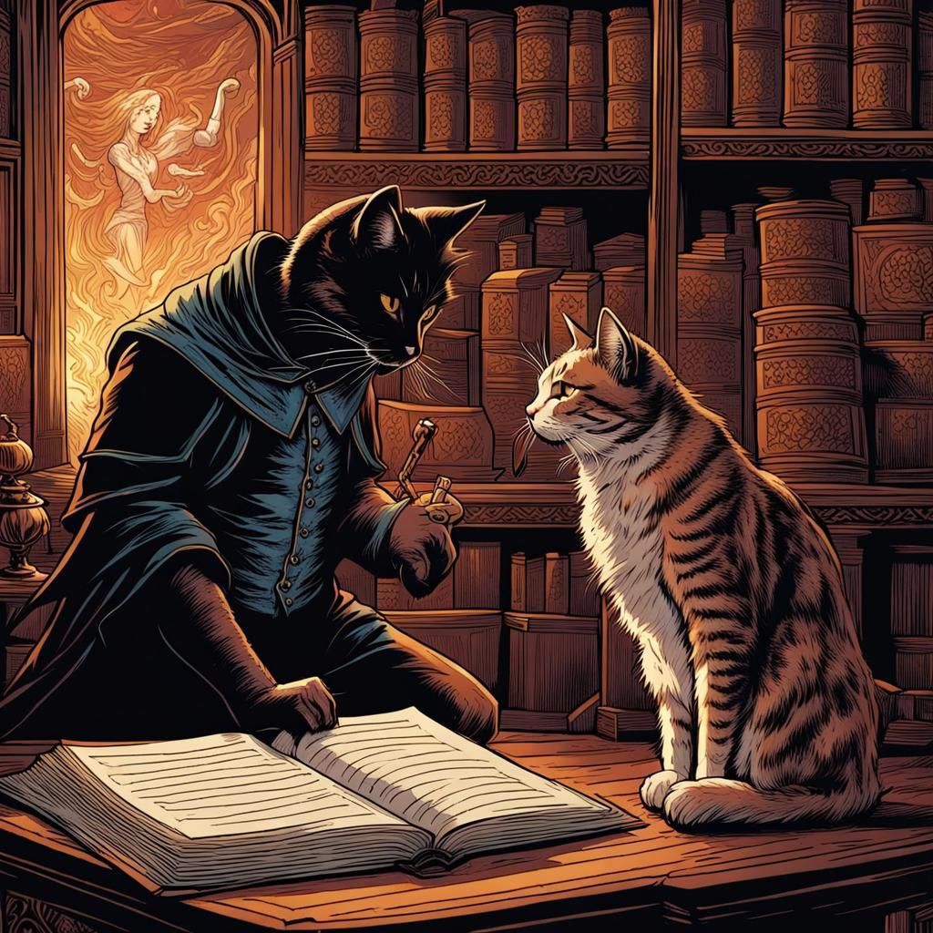 Shakespeare Discussion with Cat in Comic Book Art