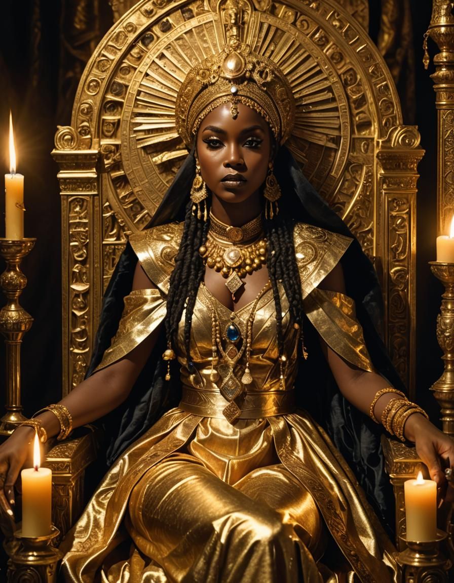 Seeress on Golden Throne in Baroque Ultra-Realism