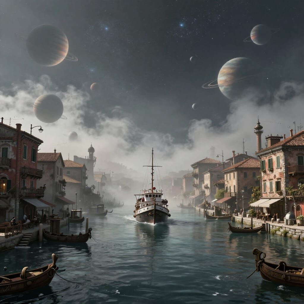 Steampunk Italian Waterfront Neighborhood with Cosmic Docks