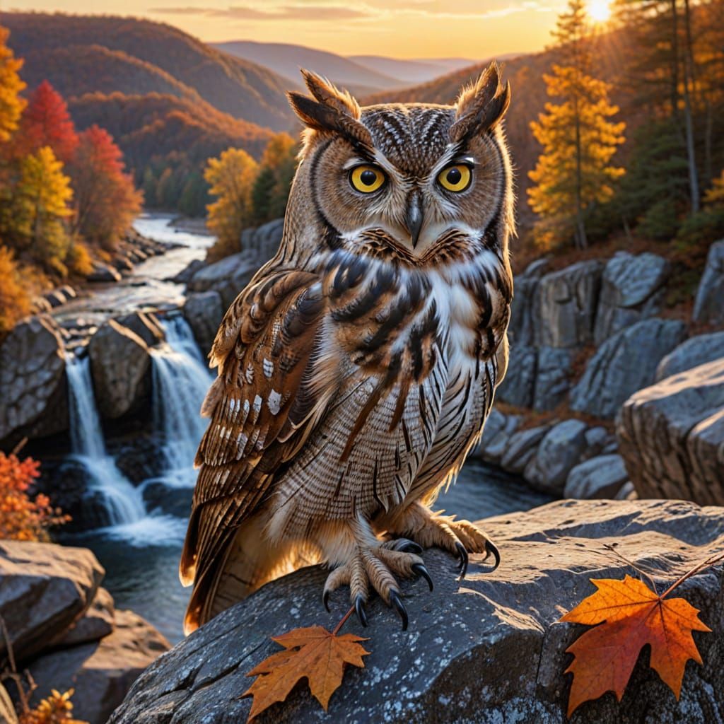 Hyperdetailed Eastern Screech Owl in Autumn Sunset