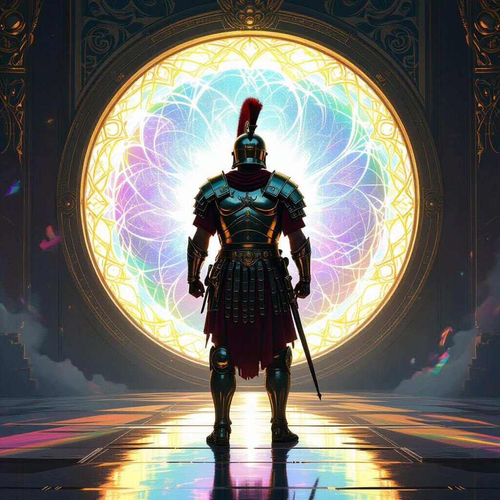 Roman Centurion Guarding Shimmering Portal in Art Nouveau St...