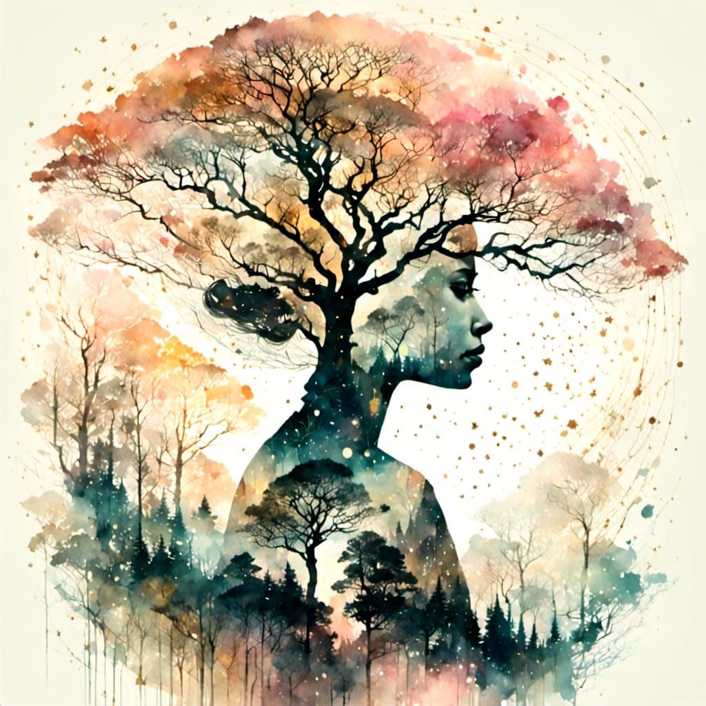 Double Exposure: Woman, Tree, Cosmic Dream in Watercolor