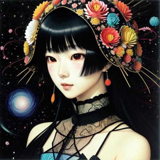 Psychedelic Surreal Portrait with Origami Paper Helmet