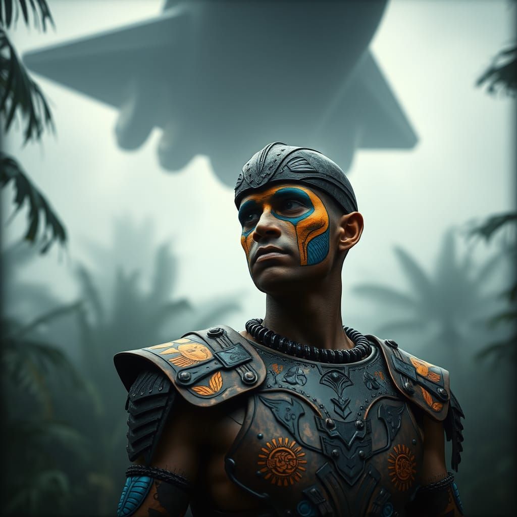 Aztec Warrior in Cyberpunk Jungle with Spaceship