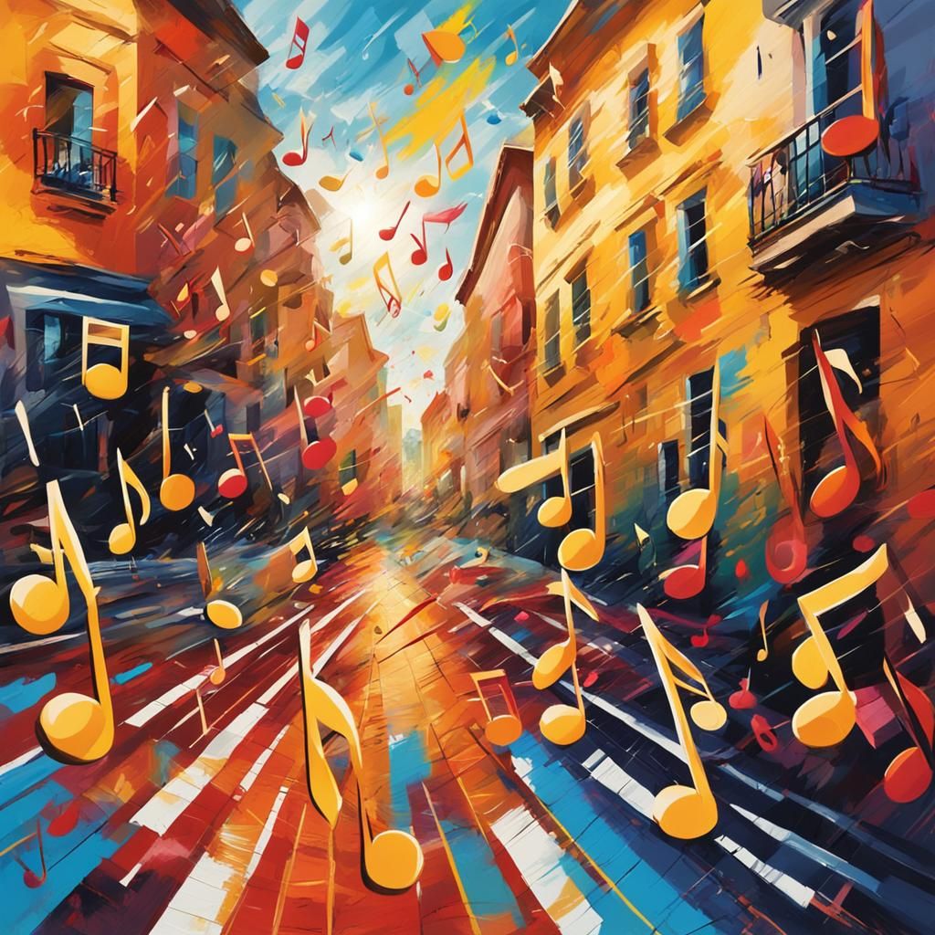 Joyful City Street: Fauvist Music Notes in Flight