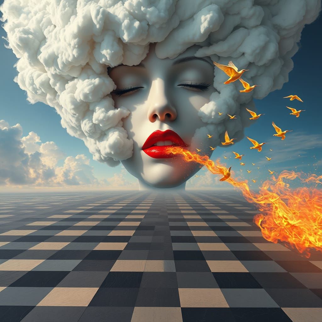 Dreamy Colossal Cloud Face Over Checkerboard Plain