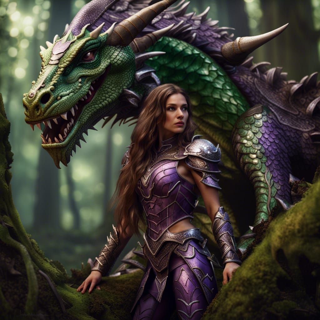 Woman and Dragon in Forest, Digital Matte Painting