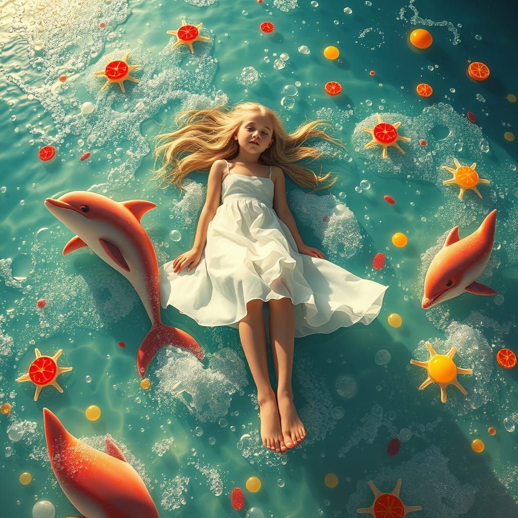 Dreamscape Woman Amidst Candy Dolphins and Soda Sea