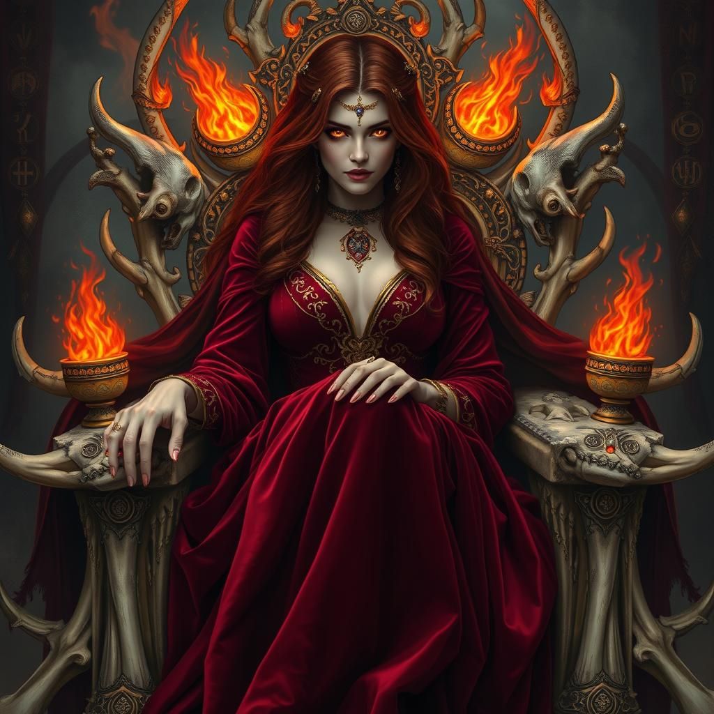 Woman with Fiery Eyes on Bone Throne