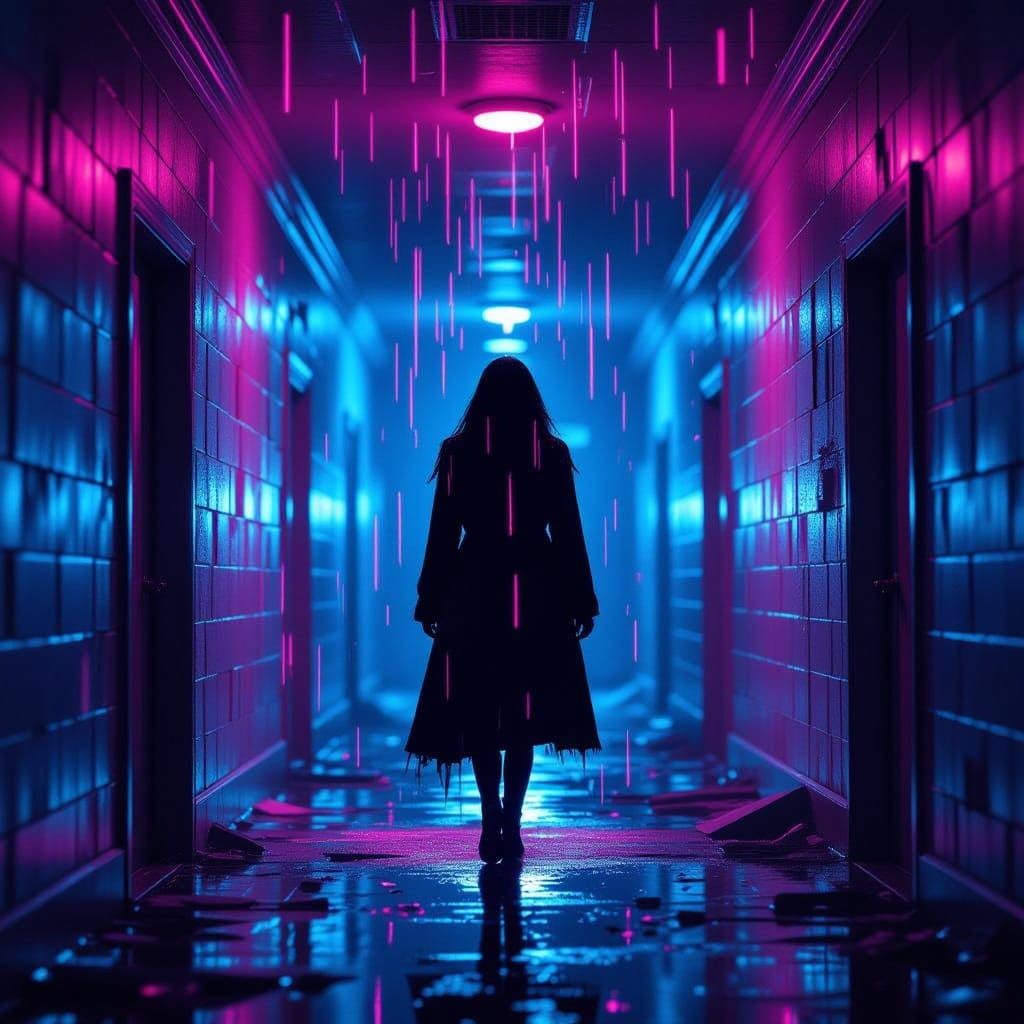 Futuristic Woman in Shattered Hallway with Neon Rain