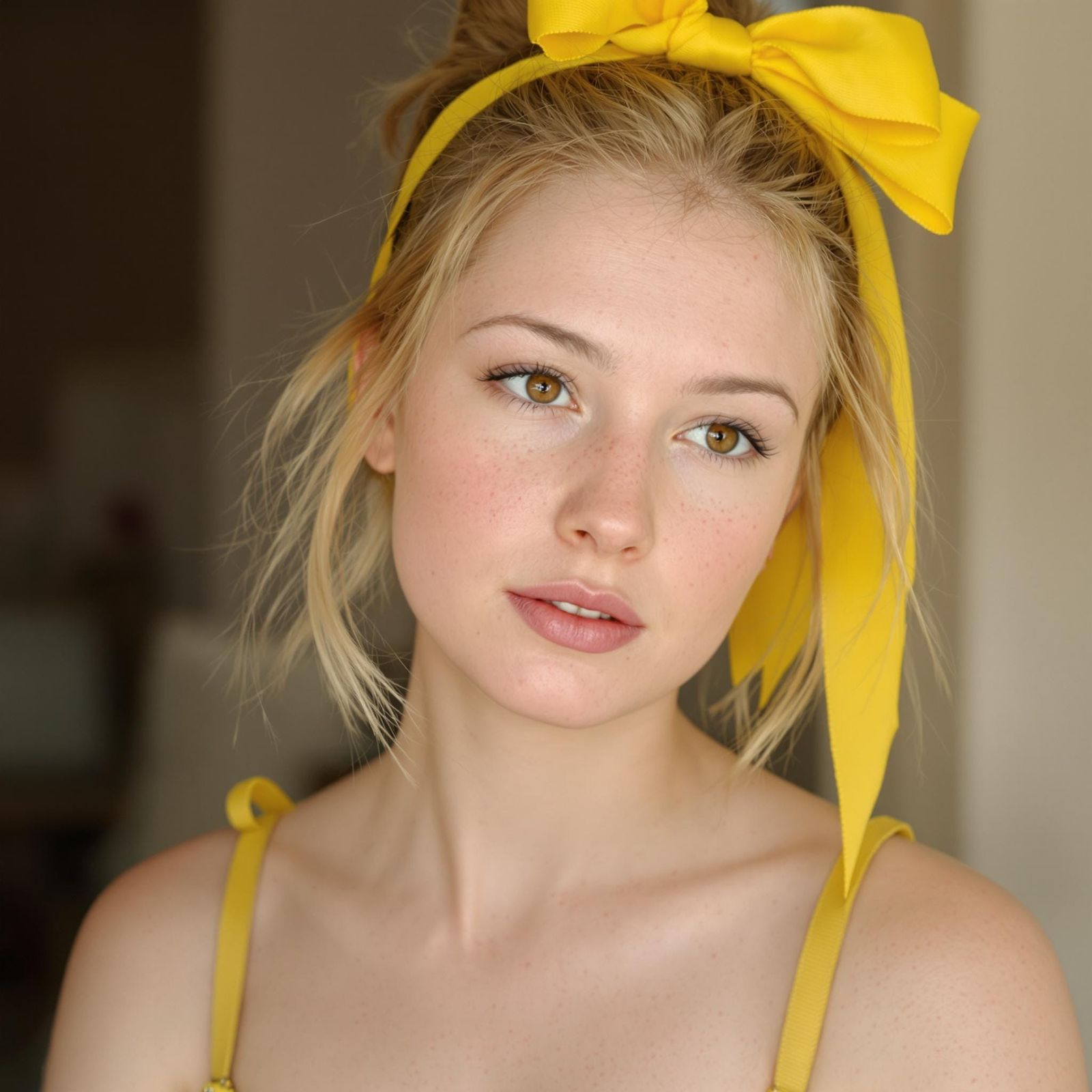 Young Woman in Yellow Dress: Photorealistic Portrait