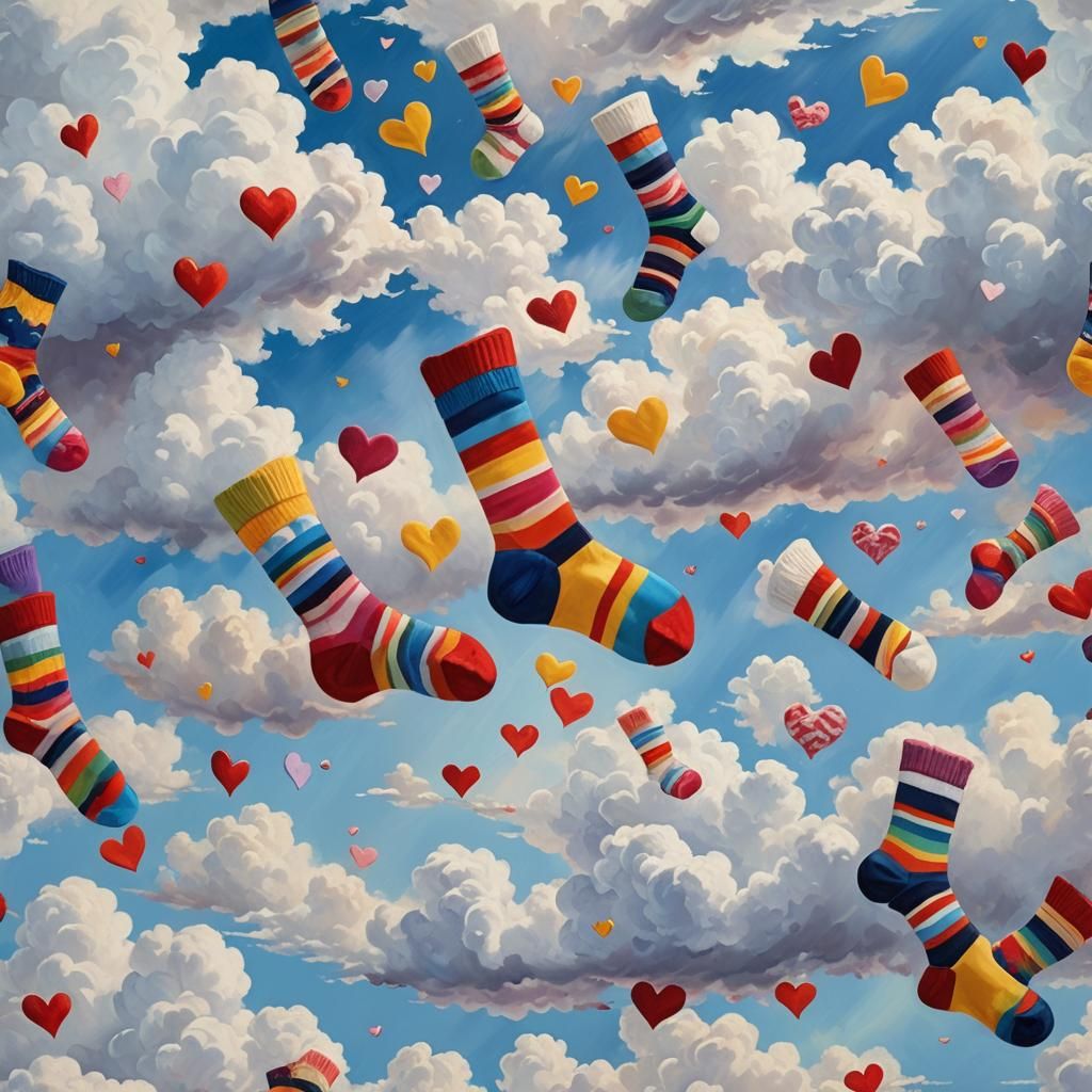 Whimsical Oil Painting of Socks Falling From Clouds