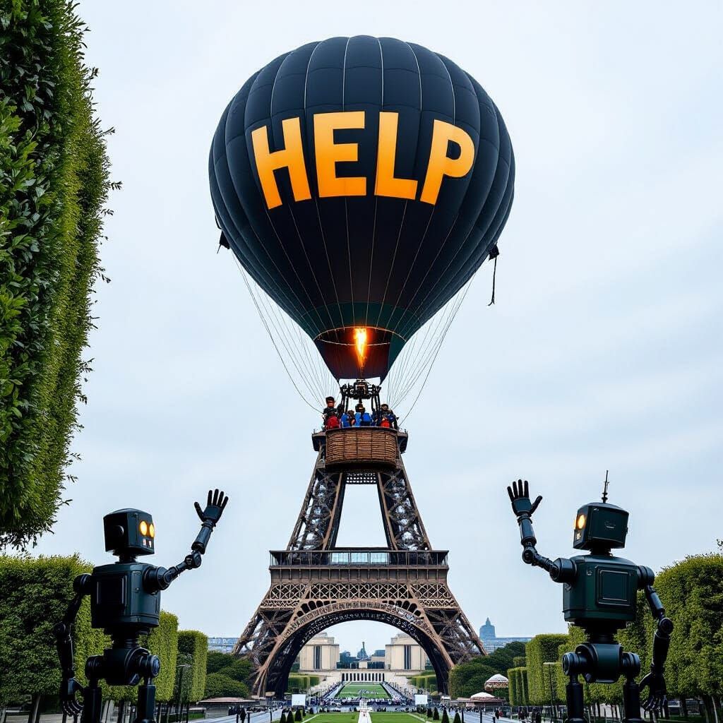 Terrified Robots in Hot Air Balloon Over Eiffel Tower