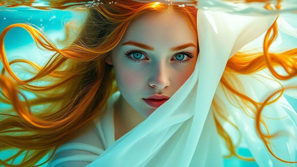 Ethereal Goddess Dances Amidst Emerald Green Waves